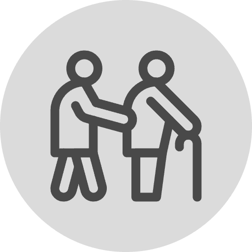 Icon of a person assisting an elderly person with a cane, depicted in a simple, minimalistic style on a gray circular background.
