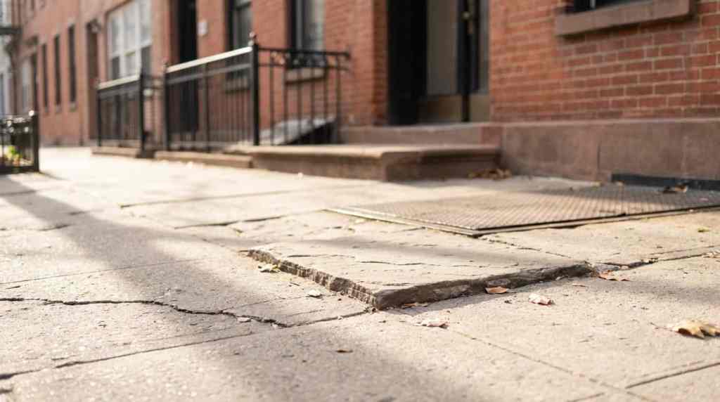 cracked and uneven sidewalk slab near brick building entrance with iron railing