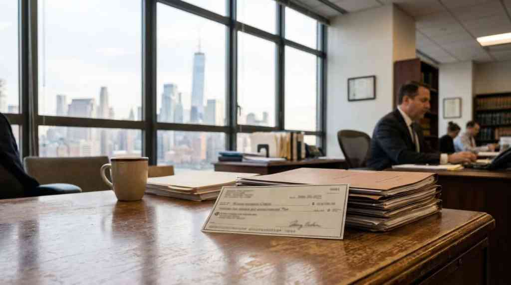 settlement check and legal files on law office desk with city skyline view