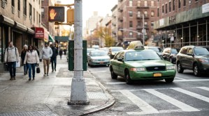 Crosswalk signal showing raised hand beside city street with taxi traffic