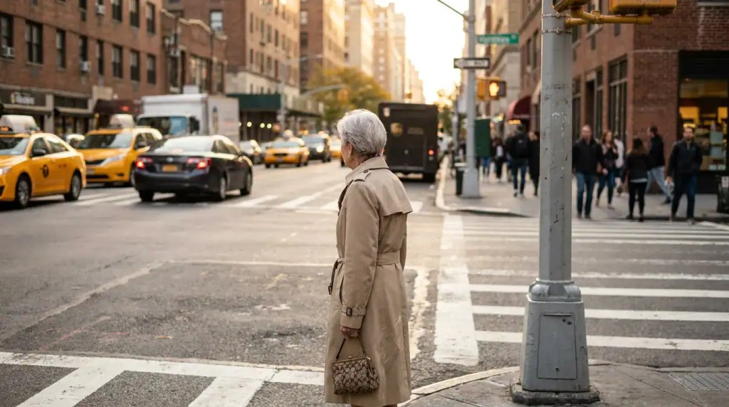 elderly woman standing at busy urban crosswalk with taxis and pedestrians