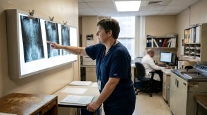 medical professional in scrubs pointing at spinal X-rays on illuminated lightbox