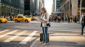 woman with camera and suitcase reading map at busy urban intersection
