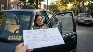 woman in parked car being handed New York Automobile Policy insurance document