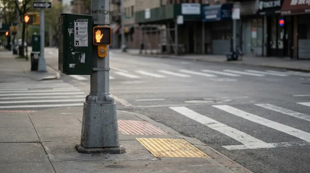 pedestrian crosswalk signal displaying stop hand at empty urban intersection