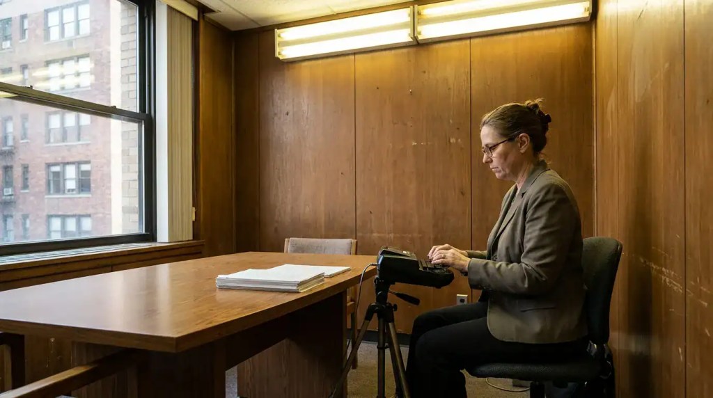 court reporter operating stenography machine beside documents on conference table