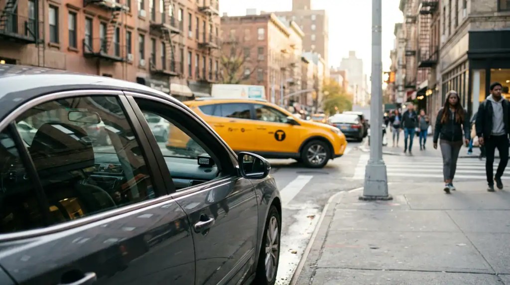 sedan and taxi cab in busy urban intersection with pedestrians crossing