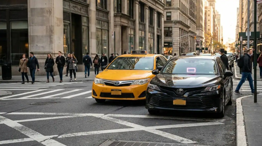 taxi cab and rideshare vehicle navigating busy urban intersection with pedestrians