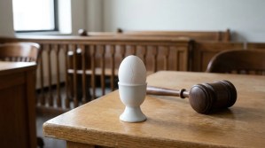 Cracked egg in egg cup beside wooden gavel on courtroom table with wooden railing behind