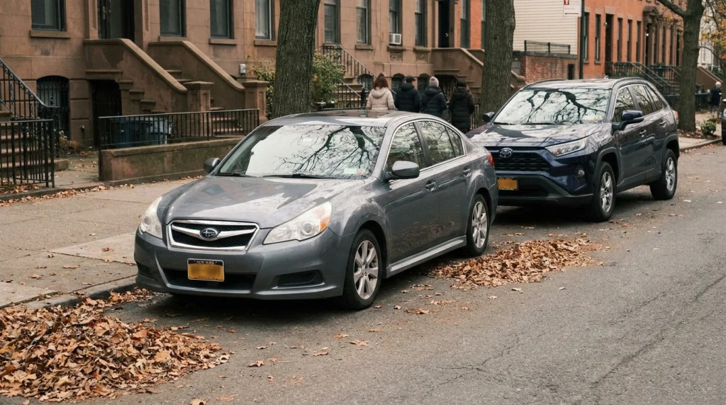 Subaru sedan and SUV parked on New York residential street near brownstones