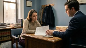attorney in suit reviewing document with client across office desk with law books