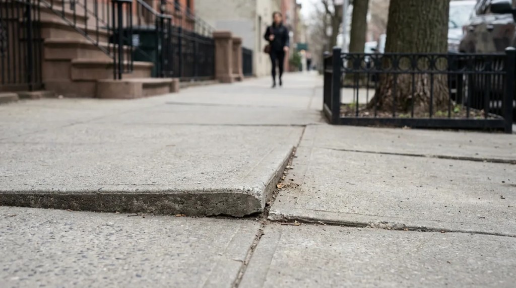 Uneven raised concrete sidewalk slab with pedestrian walking in distance near iron tree fence and brownstone steps