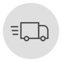Icon of a delivery truck with motion lines on a gray circular background.